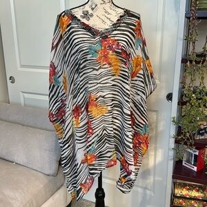 designer Animal floral  print kaftan tunic embellished round neck beaded